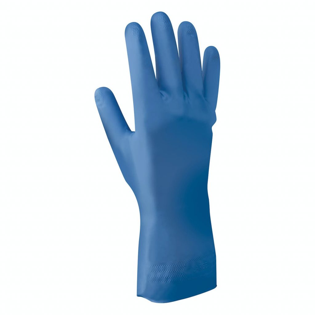 These TAA compliant, GreenCircle certified FDA food compliant Showa® 707FL 12-inch 11-mil flocked-lined chemical-resistant nitrile gloves with EBT (Eco-Best Technology®) provide chemical protection against solvents, oil, hydrocarbons.