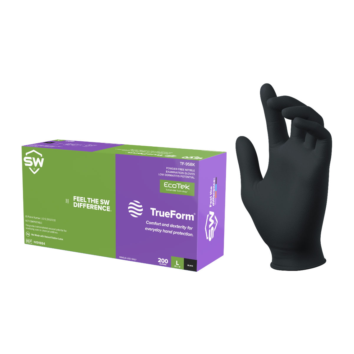 SW® TrueForm® TF-95BK Powder-Free EcoTek® Sustainable Nitrile Exam Gloves, 200ct