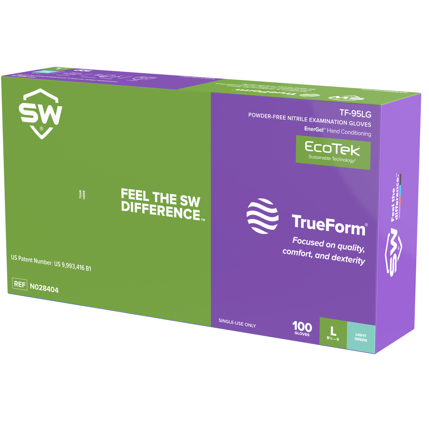 SW® TrueForm® TF-95LG Powder-Free Nitrile Examination Gloves with EcoTek®, EnerGel® & pH Natural®, 100ct