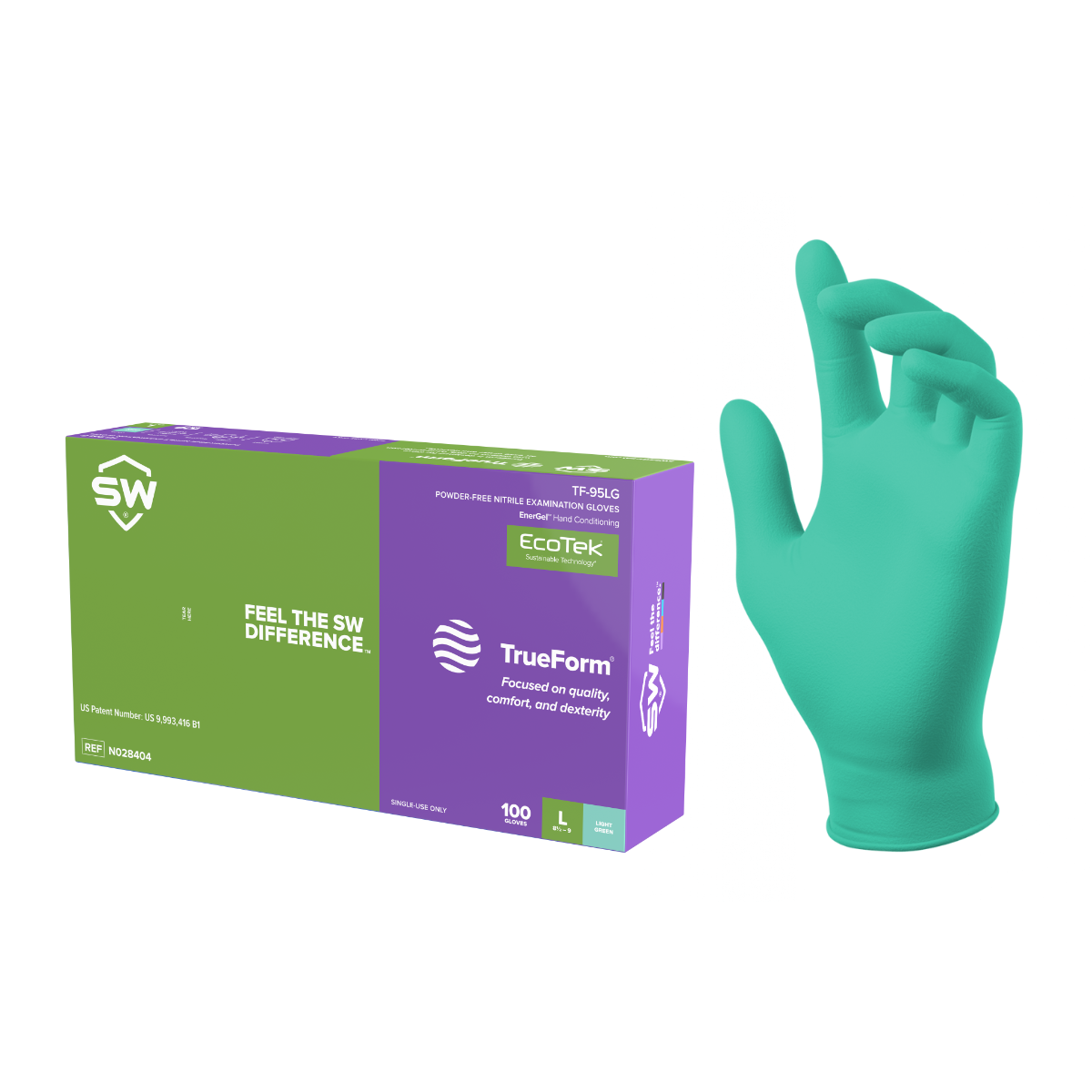 SW® TrueForm® TF-95LG Powder-Free Nitrile Examination Gloves with EcoTek®, EnerGel® & pH Natural®, 100ct