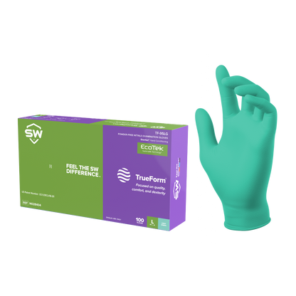 SW® TrueForm® TF-95LG Powder-Free Nitrile Examination Gloves with EcoTek®, EnerGel® & pH Natural®, 100ct