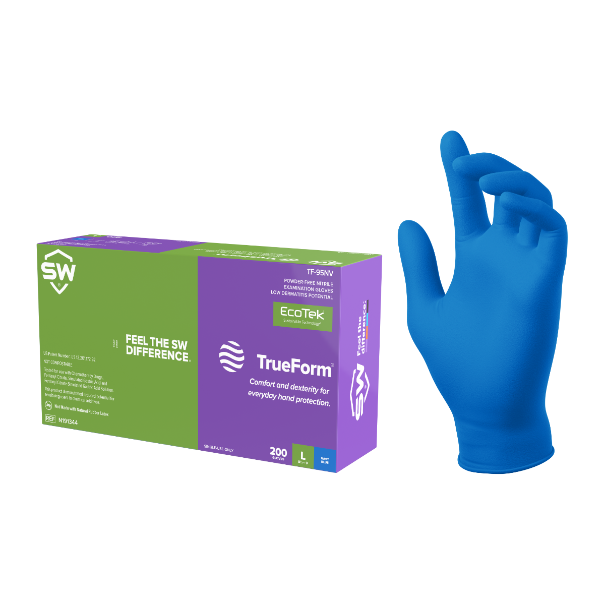 SW® TrueForm® TF-95NV Powder-Free EcoTek® Sustainable Nitrile Examination Gloves, 3.5-mil, 200ct