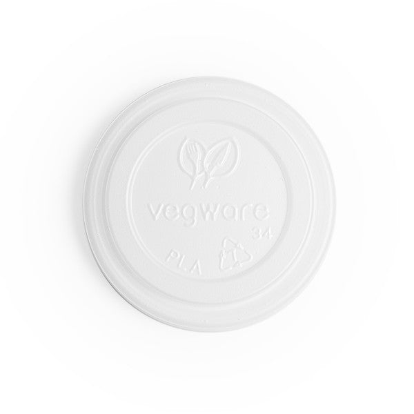 Flat lid for Vegware's 62 Series Hot Cups. A practical no-hole lid for espresso, hot chocolate, or hot savory sauces to go made from CPLA, a renewable material made from plants.