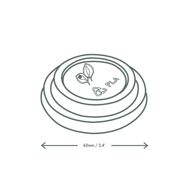 Flat lid for Vegware's 62 Series Hot Cups. A practical no-hole lid for espresso, hot chocolate, or hot savory sauces to go made from CPLA, a renewable material made from plants.