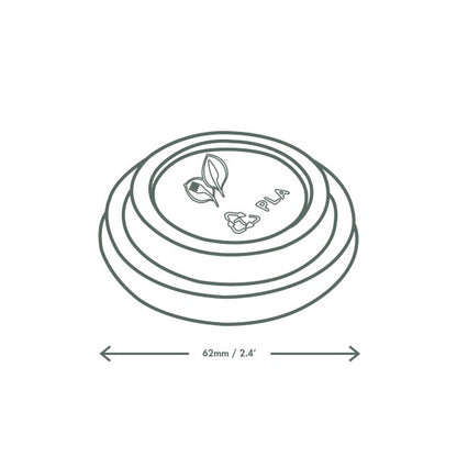 Flat lid for Vegware's 62 Series Hot Cups. A practical no-hole lid for espresso, hot chocolate, or hot savory sauces to go made from CPLA, a renewable material made from plants.