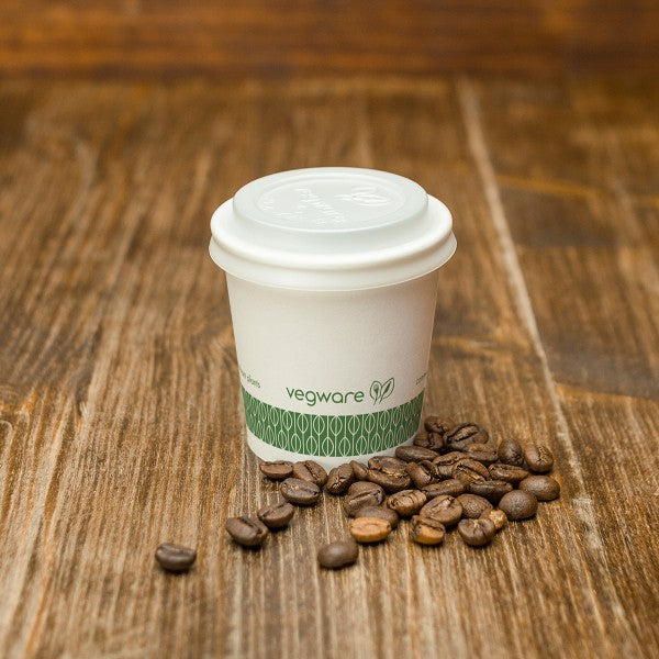 Flat lid for Vegware's 62 Series Hot Cups. A practical no-hole lid for espresso, hot chocolate, or hot savory sauces to go made from CPLA, a renewable material made from plants.