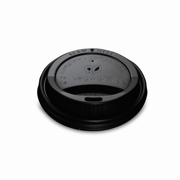 A CPLA hot cup lid. Fits 79-Series cups. A lid for hot coffees or teas to go. Made from CPLA, sleek black color, embossed with Vegware messaging. Award-winning quality by Vegware, made from plants. 