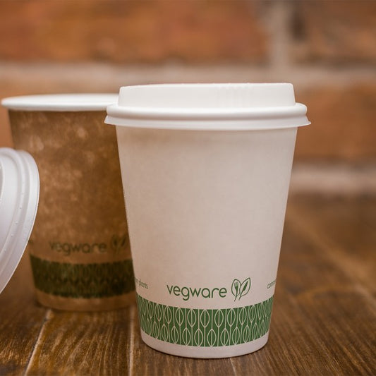 A CPLA hot cup lid. Fits 79-Series cups. A lid for hot coffees or teas to go. Made from CPLA, off-white color, embossed with Vegware messaging. Award-winning quality by Vegware, made from plants. 