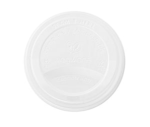 Vegware™ 89-Series commercially compostable 10-oz Single Wall Hot Paper Cup Lids are made from sustainably sourced board and lined with plant-based PLA. Independently certified to break down in 12 weeks.