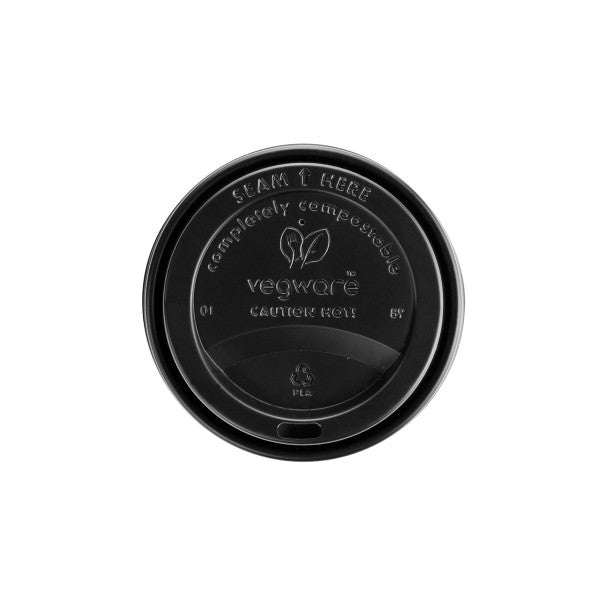 A CPLA hot cup lid. Fits 89-Series cups. A lid for hot coffees or teas to go. Made from CPLA, sleek black color, embossed with Vegware messaging. Award-winning quality by Vegware, made from plants. 