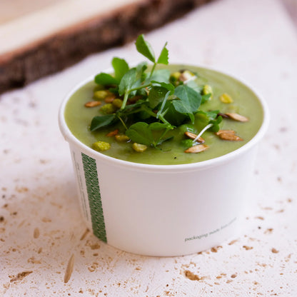 Ideal for ice cream sundaes, pastas, yogurt, stews, soups and more, Vegware™ 115-Series compostable 12-oz Paper Soup Containers are lined with plant-based PLA and independently certified to break down in 12 weeks.