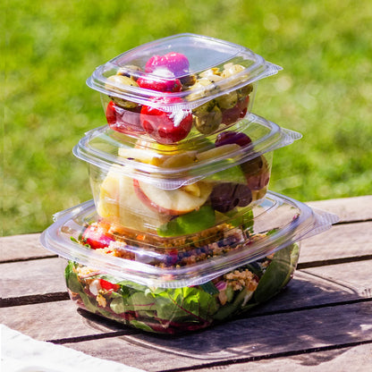 Vegware™ compostable clear rectangular 8-oz hinged deli containers with snap lids are made from plant based PLA -an eco-friendly plastic alternative. Independently certified to break down in 12 weeks.