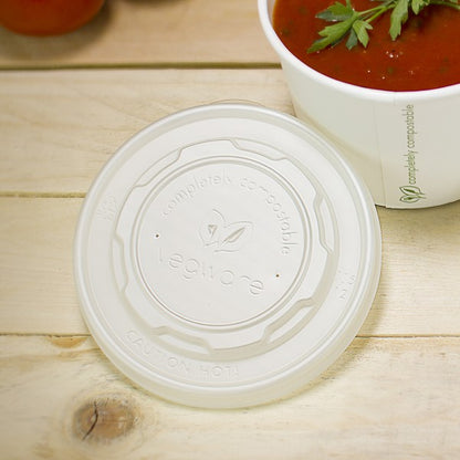 Flat lid for Vegware's 115-Series soup containers. A practical no-hole lid for hot soups or stews.