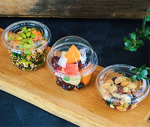 Commercially compostable 10-oz clear Bella Pots are made from plant-based PLA and are independently certified to break down in 12 weeks. Use for small portions of any foods or liquids.