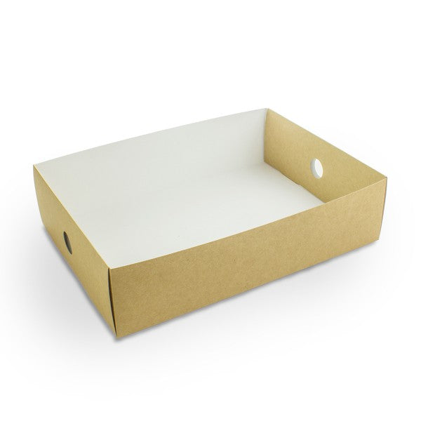 Vegware™ Compostable Platter Half Inserts are constructed of sustainably-sourced paperboard with a grease-resistant coating and are compatible with the Regular and Large Platter Boxes.