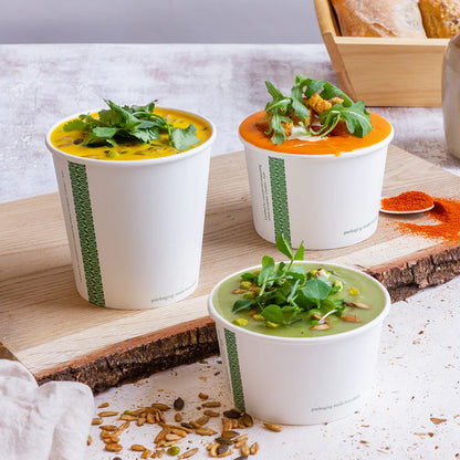 Ideal for ice cream sundaes, pastas, yogurt, stews, soups and more, Vegware™ 115-Series compostable 24-oz Paper Soup Containers are lined with plant-based PLA and independently certified to break down in 12 weeks.