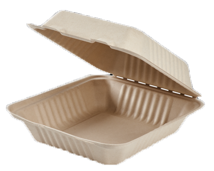 Reduce landfill with these compostable 1-compartment 8-in x 8-in x 3-in Bagasse Hinged Clamshell Food Containers constructed with reclaimed sugarcane. 