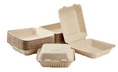 Reduce landfill with these compostable 3-compartment 9-in 9-in x 3-in Bagasse Hinged Clamshell Food Containers constructed with reclaimed sugarcane.