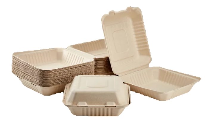 Reduce landfill with these compostable 3-compartment 9-in 9-in x 3-in Bagasse Hinged Clamshell Food Containers constructed with reclaimed sugarcane.