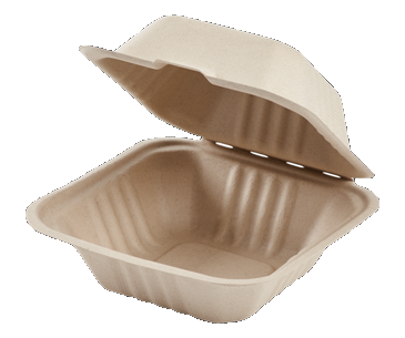 Reduce landfill with these compostable 1-compartment 6-in x 6-in x 3-in Bagasse Hinged Clam Shell Food Containers constructed with reclaimed sugarcane.