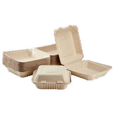 Reduce landfill with these compostable 1-compartment 8-in x 8-in x 3-in Bagasse Hinged Clam Shell Food Containers constructed with reclaimed sugarcane. 