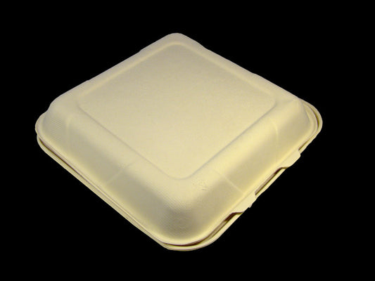 BioSelect 9" x 9" x 3" 3-compartment hinged Bagasse Take Home Food Containers are 100% biodegradable and 100% compostable.