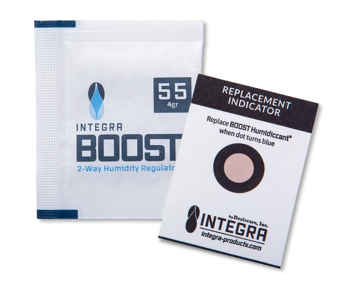 Desiccare Integra BOOST® 4 gram size 2-way humidity control packs are available in 55% RH and 62% RH styles and are FDA-compliant, 99% biodegradable, non-toxic and salt free. Includes humidity indicator cards; individually overwrapped