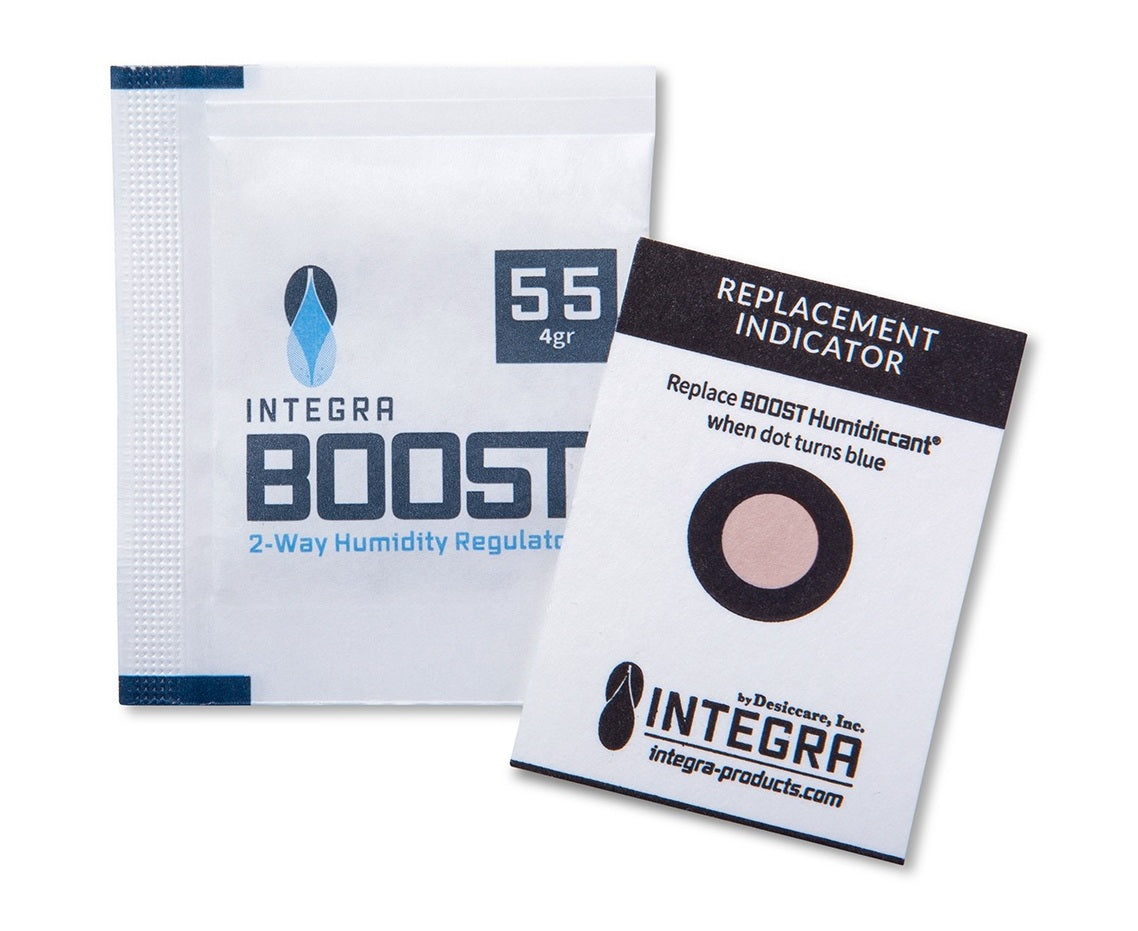 Desiccare Integra BOOST® 8 gram size 2-way humidity control packs are available in 55% RH style and FDA-compliant, 99% biodegradable, non-toxic and salt free. Includes humidity indicator cards; individually overwrapped