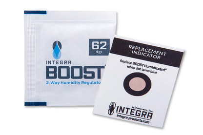 Desiccare Integra BOOST® 4 gram size 2-way humidity control packs are available in 55% RH and 62% RH styles and are FDA-compliant, 99% biodegradable, non-toxic and salt free. Includes humidity indicator cards; individually overwrapped