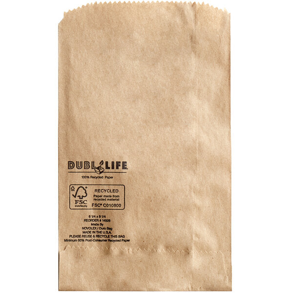 Ideal for newsprint, calendars, magazines, gift cards and more, these 6.25in x 9.25in Duro Bag® Dubl Life® 30# Kraft Paper Merchandise Bags are BPI® certified compostable and FSC® certified. Sold 3000 per case.