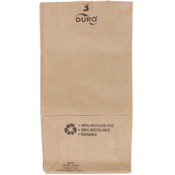 These Duro Bag® 4.75 x 2.93 x 8.56 Dubl Life® SOS 30# 3lb Kraft SOS Paper Bags with gusseted flat bottom are reusable, recyclable, BPI® compostable and FSC® certified. Sold 500 per bundle. 