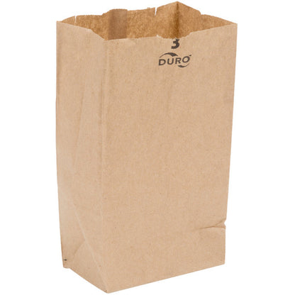 These Duro Bag® 4.75 x 2.93 x 8.56 Dubl Life® SOS 30# 3lb Kraft SOS Paper Bags with gusseted flat bottom are reusable, recyclable, BPI® compostable and FSC® certified. Sold 500 per bundle. 