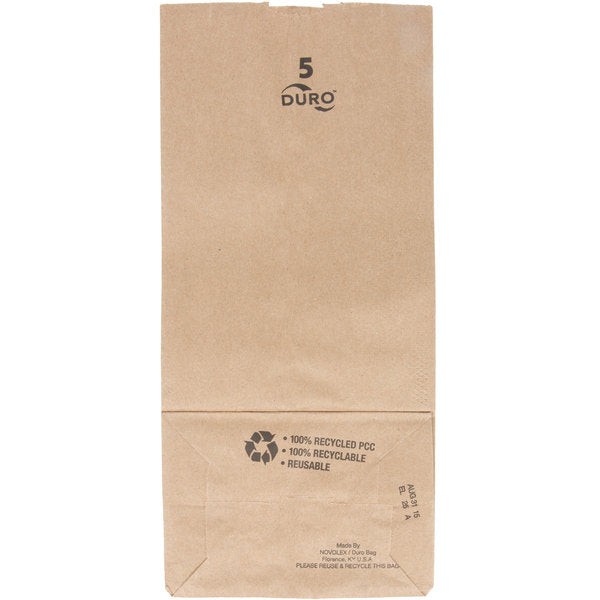 These Duro Bag® 5.25in x 3.43in x 10.93in Dubl Life® SOS 35# 5lb Kraft Paper Bags with gusseted flat bottom and thumb notch are reusable, recyclable, BPI® and FSC® certified. Sold 500 per bundle. 
