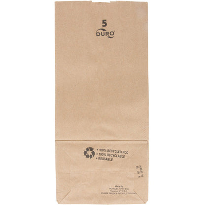 These Duro Bag® 5.25in x 3.43in x 10.93in Dubl Life® SOS 35# 5lb Kraft Paper Bags with gusseted flat bottom and thumb notch are reusable, recyclable, BPI® and FSC® certified. Sold 500 per bundle. 