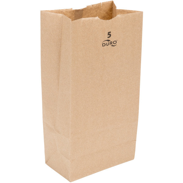 These Duro Bag® 5.25in x 3.43in x 10.93in Dubl Life® SOS 35# 5lb Kraft Paper Bags with gusseted flat bottom and thumb notch are reusable, recyclable, BPI® and FSC® certified. Sold 500 per bundle. 