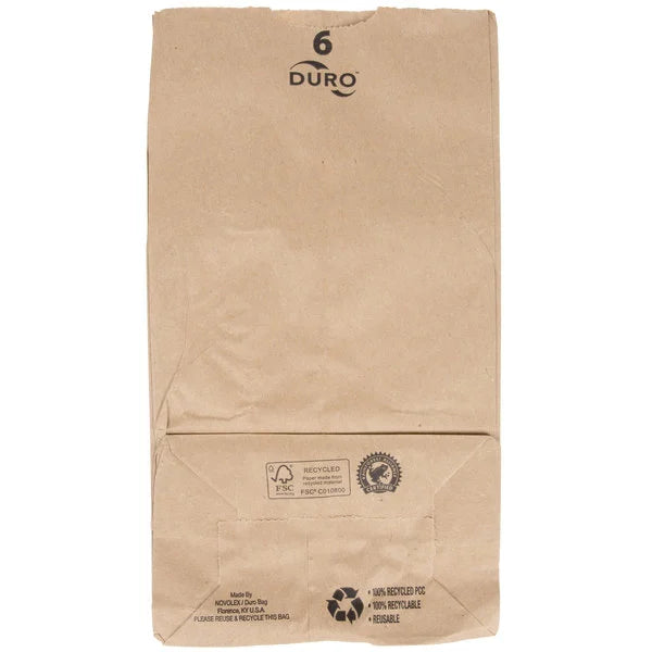  These Duro Bag® 6in x 3.62in x 11.06in Dubl Life® SOS 35# 6lb Brown Kraft Paper Bags with gusseted flat bottom and thumb notch are reusable, recyclable, BPI® compostable certified and FSC®  certified. Sold 500 per bundle. 