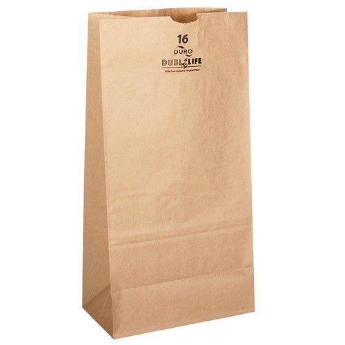  These Duro Bag® 7.75in x 4.81in x 16in Dubl Life® SOS 40# 16lb Kraft Paper Bags with gusseted flat bottom and thumb notch are reusable, recyclable and FSC® & BPI® certified. Sold 500 per bundle. 