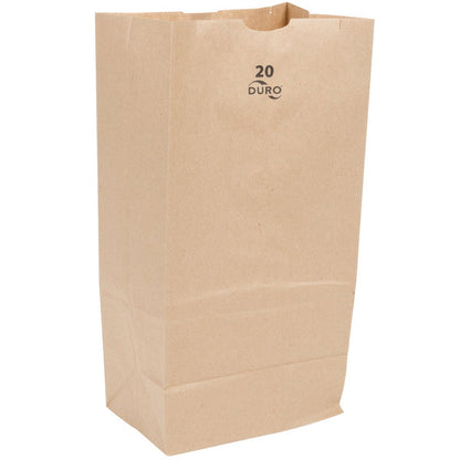  These Duro Bag® 8.25 x 5.31 x 16.12 Dubl Life® 40# 20lb SOS Brown Paper Bags with gusseted flat bottom are reusable, recyclable, BPI® compostable and SFI® sourcing certified. Sold 500 per bundle.
