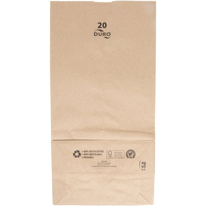  These Duro Bag® 8.25 x 5.31 x 16.12 Dubl Life® 40# 20lb SOS Brown Paper Bags with gusseted flat bottom are reusable, recyclable, BPI® compostable and SFI® sourcing certified. Sold 500 per bundle.