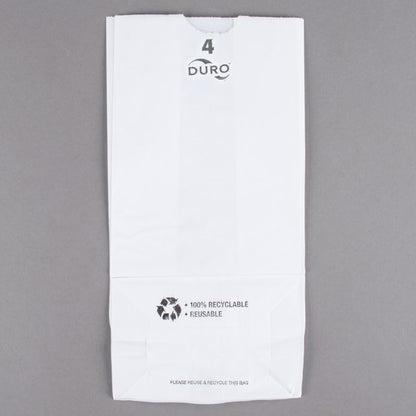  These 5in x 3-1/3in x 9-3/4in size Duro White 30# Recycled Paper Shopping Bags with gusseted flat bottom are durable, biodegradable, reusable and 100% recyclable. 500 per bundle.