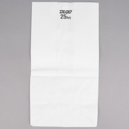 These 8.25in x 6.12in x 15.87in Duro Bag® Shorty White 40# 25-lb SOS Paper Bags with gusseted flat bottom are biodegradable, reusable & recyclable. 500 per bundle.