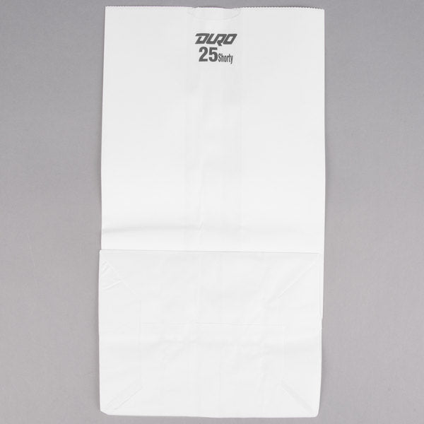 These 8.25in x 6.12in x 15.87in Duro Bag® Shorty White 40# 25-lb SOS Paper Bags with gusseted flat bottom are biodegradable, reusable & recyclable. 500 per bundle.