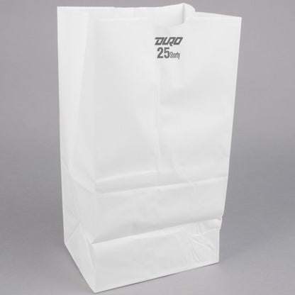 These 8.25in x 6.12in x 15.87in Duro Bag® Shorty White 40# 25-lb SOS Paper Bags with gusseted flat bottom are biodegradable, reusable & recyclable. 500 per bundle.