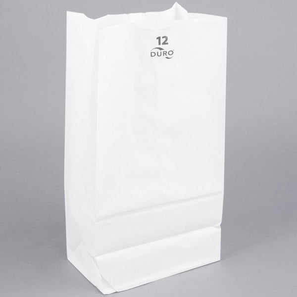 These 7-1/8in x 4-1/2in x 13-3/4in Duro White 40# 12lb Paper Shopping Bags with gusseted flat bottom are durable, biodegradable, reusable & 100% recyclable. 500 per bundle.