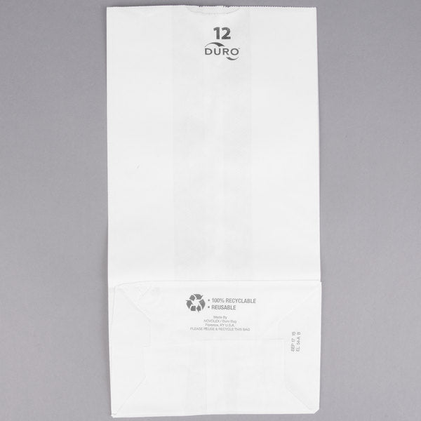 These 7-1/8in x 4-1/2in x 13-3/4in Duro White 40# 12lb Paper Shopping Bags with gusseted flat bottom are durable, biodegradable, reusable & 100% recyclable. 500 per bundle.