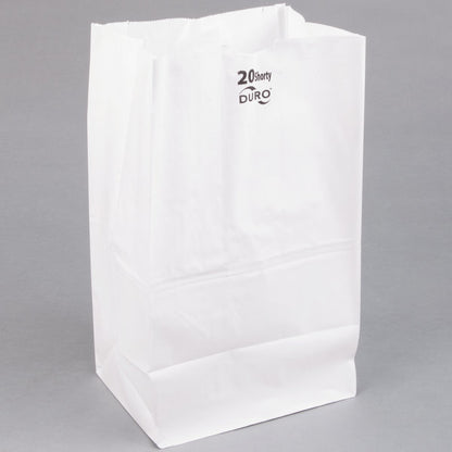These heavyweight 8-1/4in x 5.31in x 16.12in Duro Bag® Shorty White 40# 20lb SOS Paper Grocery Bags with gusseted flat bottom are biodegradable, reusable & 100% recyclable. 500 per bundle