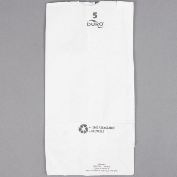 These 5.25 x 3.43in x 10.93in size Duro White 35# 5-lb Recycled Paper Shopping Bags with gusseted flat bottom are durable, biodegradable, reusable and 100% recyclable. 500 per bundle.