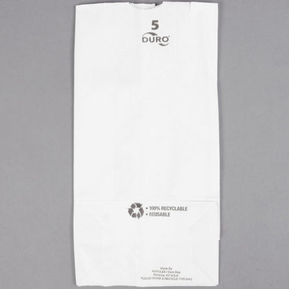 These 5.25 x 3.43in x 10.93in size Duro White 35# 5-lb Recycled Paper Shopping Bags with gusseted flat bottom are durable, biodegradable, reusable and 100% recyclable. 500 per bundle.