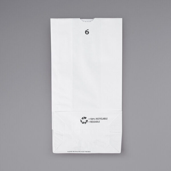 These 6in x 3-5/8in x 11-1/16in Duro White 35# 6-lb Recycled Paper Shopping Bags with gusseted flat bottom are durable, biodegradable, reusable & 100% recyclable. 500 per bundle.
