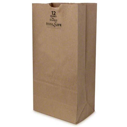 These heavyweight 7.06in x 4.5in x 13.75in Dubl Life® Husky SOS 50# 12lb Kraft Paper Bags with gusseted flat bottom are durable, biodegradable, reusable and 100% recyclable. 400 per bundle.